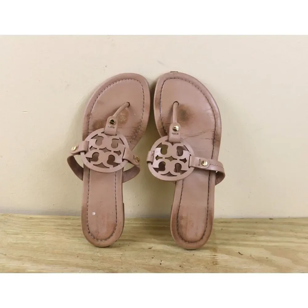 Tory Burch Sandals 7.5 Brown Leather Miller Logo Thong Shoes Flats